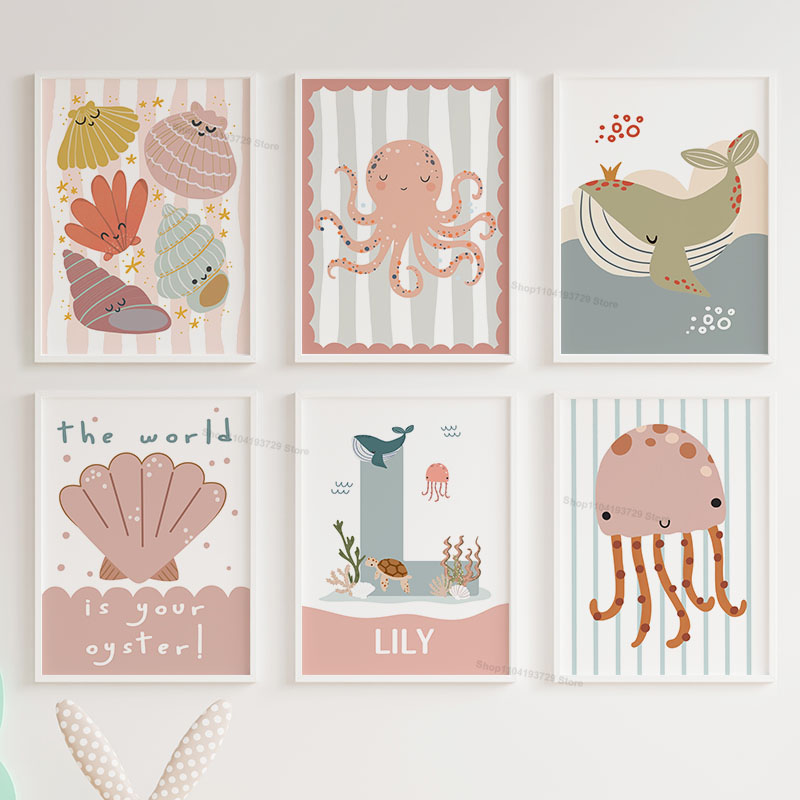 Baby Nursery Name Wall Art - การ์ตูนปลาวาฬปลาหมึกยักษ์แมงกะพรุนหอยเชลล์ชื่อที่กำหนดเองศิลปะบนผนังห้องเด็กโปสเตอร์ผ้าใบและภาพพิมพ์สำหรับตกแต่งห้องเด็กทารก