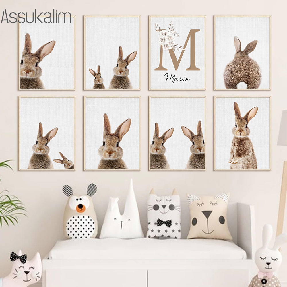 Baby Nursery Name Wall Art - กระต่ายภาพวาดผ้าใบที่กําหนดเองชื่อพิมพ์โปสเตอร์สัตว์น่ารักโปสเตอร์เนอสเซอรี่พิมพ์ Nordic ภาพผนังเด็กสาวตกแต่งห้อง