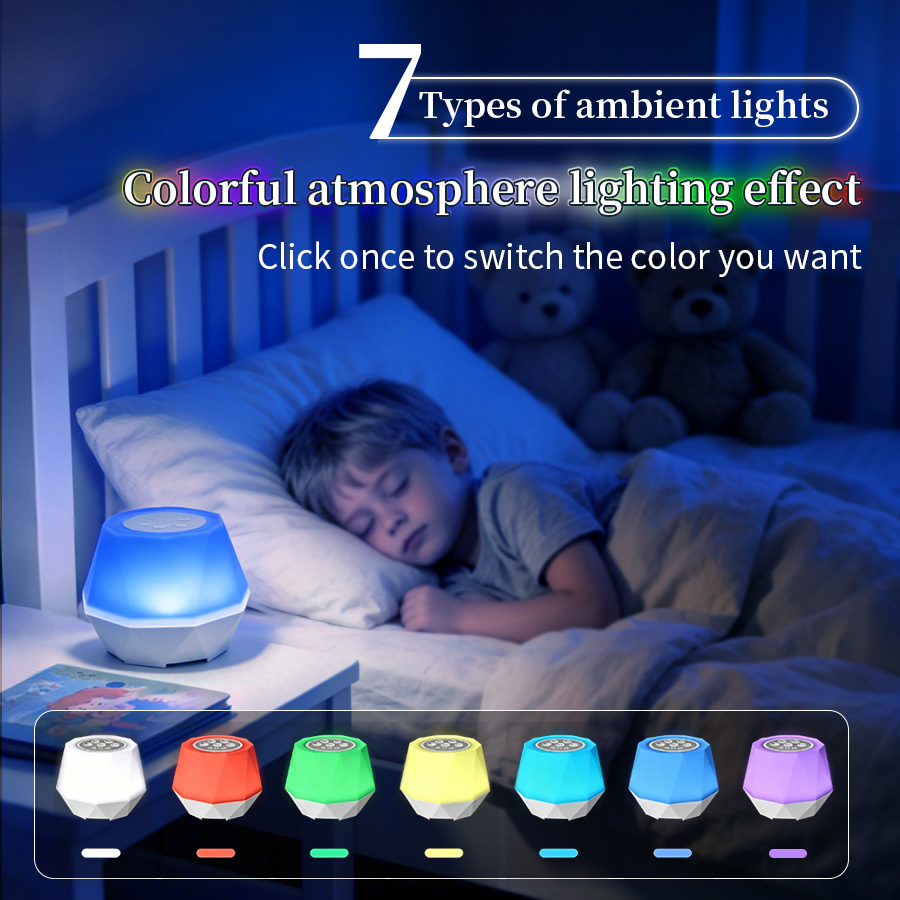 Baby Nursery Colors - โคมไฟกลางคืนพร้อมฟังก์ชันเสียงไวท์นอยส์แบบชาร์จได้ 7 สี ช่วยปลอบประโลมการนอนหลับของทารก 10 เสียงธรรมชาติ