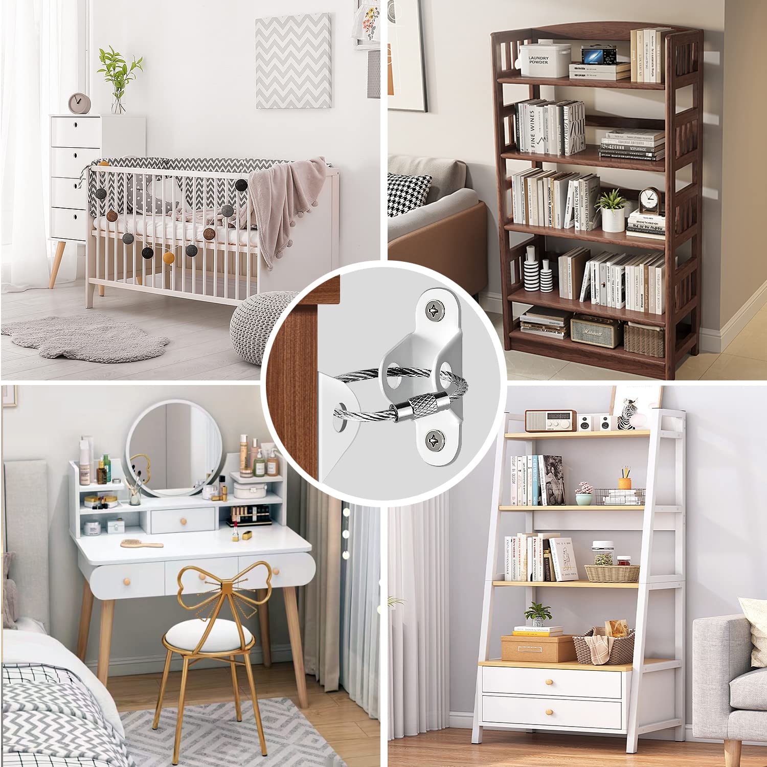 Baby Nursery Bookcase - สายรัดยึดเฟอร์นิเจอร์ป้องกันการเอียง ป้องกันการลื่นไถล พร้อมสายรัดดูดซับแรงกระแทก เหมาะสำหรับยึดเฟอร์นิเจอร์ในตู้ ตู้เสื้อผ้า และชั้นวางหนังสือ