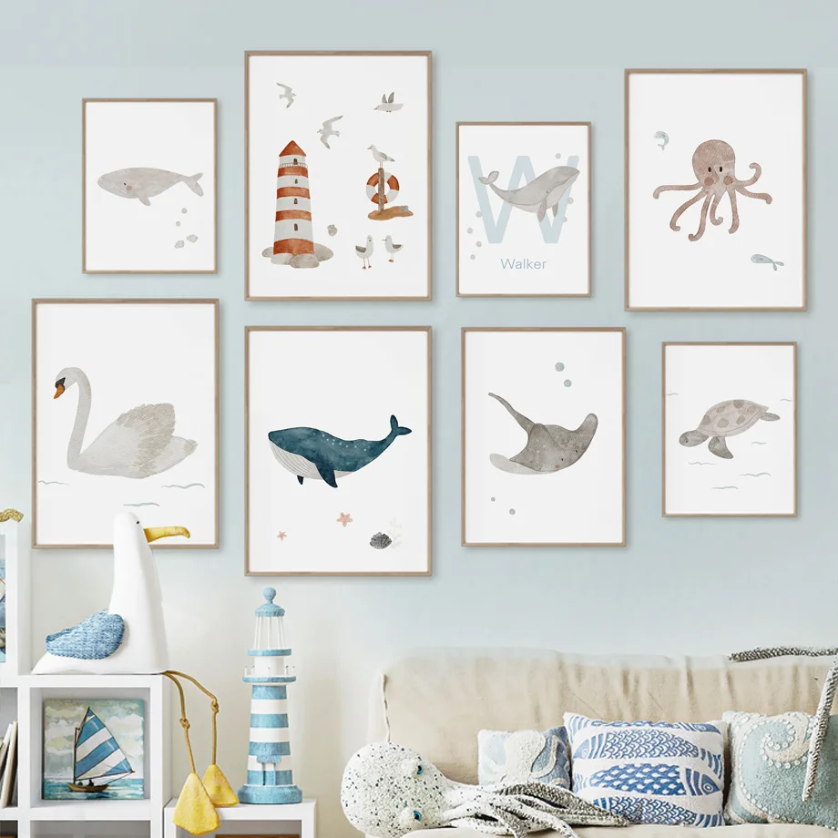 Baby Nursery Name Wall Art - ภาพวาดบนผ้าแคนวาสลายสัตว์ทะเล วาฬ ปลาหมึก เต่า หงส์ สำหรับตกแต่งห้องเด็กและห้องทารก