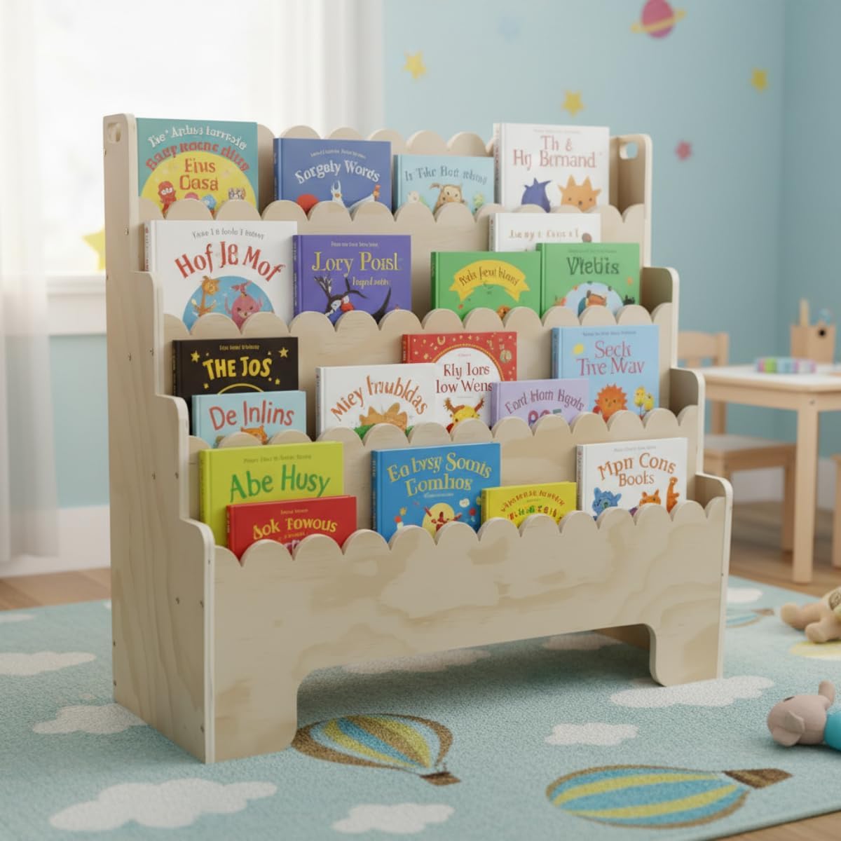 Baby Nursery Bookcase - ชั้นวางหนังสือเด็ก 4 ชั้น, ชั้นวางหนังสือเด็กทำจากไม้ธรรมชาติ, ชั้นวางหนังสือเด็กเล็กแบบขอบโค้ง, ชั้นวางหนังสือสำหรับห้องเด็กอ่อน,