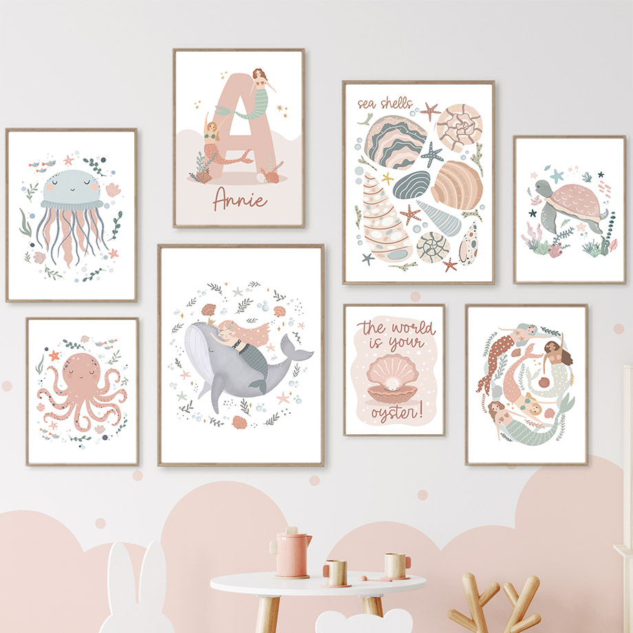 Baby Nursery Name Wall Art - การ์ตูนสัตว์ทะเล วาฬ นางเงือก โปสเตอร์ชื่อเด็กแบบกำหนดเอง ภาพพิมพ์บนผ้าใบสำหรับตกแต่งห้องเด็ก ภาพพิมพ์ติดผนังสำหรับห้องเด็กผู้หญิง