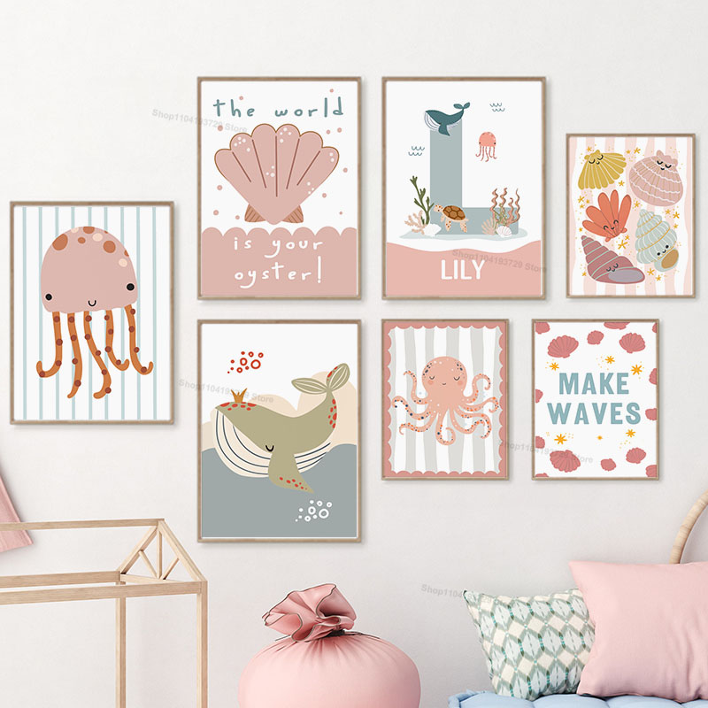 การ์ตูนปลาวาฬปลาหมึกยักษ์แมงกะ - Baby Nursery Name Wall Art บทวิจารณ์และราคา