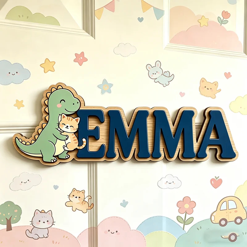 ป้ายชื่อไดโนเสาร์น่ารักกอดแมวแ - Baby Nursery Name Wall Art บทวิจารณ์และราคา