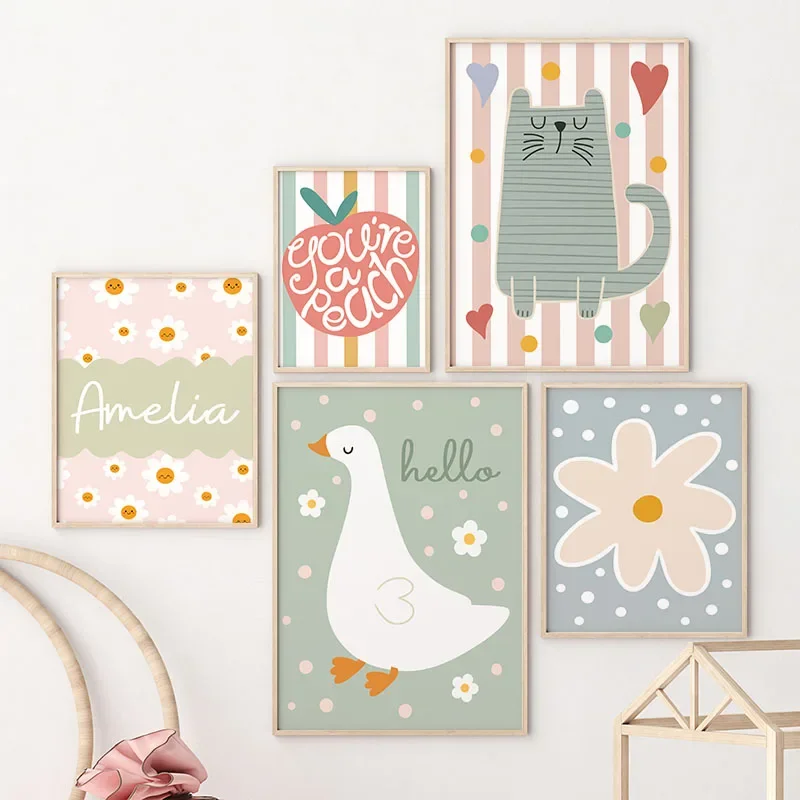 ภาพวาดบนผ้าใบลายการ์ตูนแมว เป็ - Baby Nursery Name Wall Art บทวิจารณ์และราคา