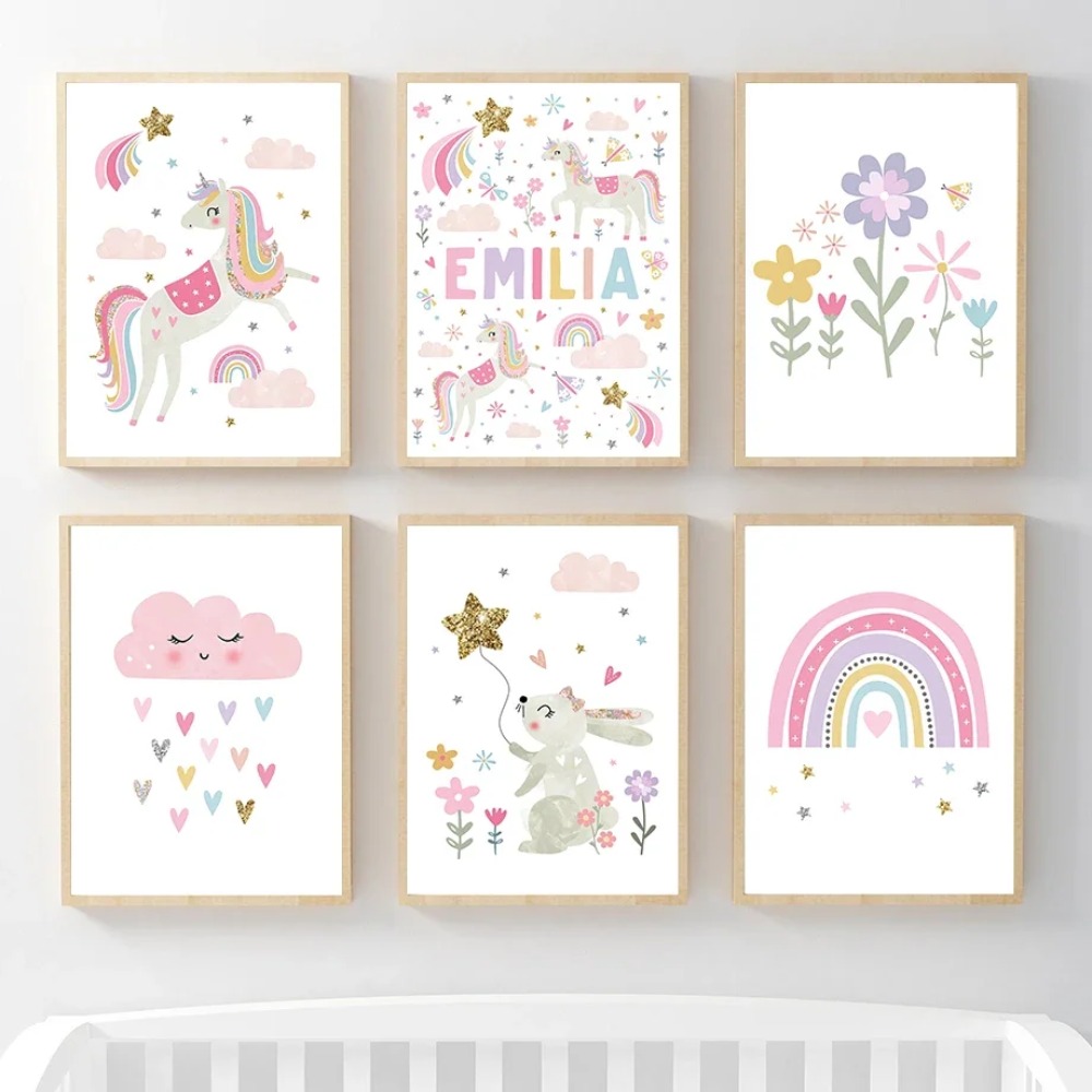สีชมพูยูนิคอร์นกระต่ายสายรุ้งเ - Baby Nursery Name Wall Art บทวิจารณ์และราคา