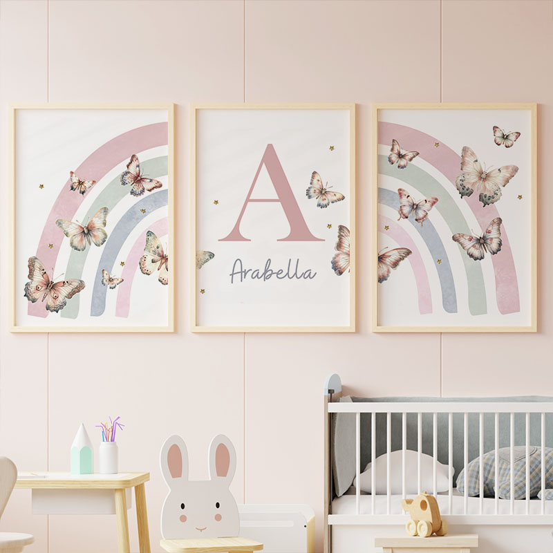 สีชมพูสายรุ้งผีเสื้อที่กําหนดเ - Baby Nursery Name Wall Art บทวิจารณ์และราคา